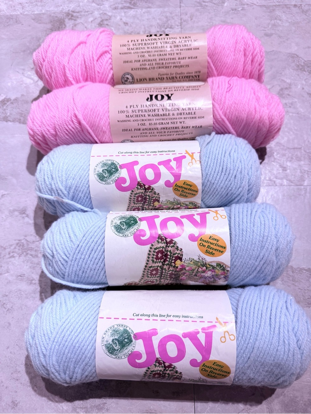 Vintage Lion Brand "Joy" Pastel Yarn Lot-5 Skeins Blue& Pink), 4-Ply Acrylic